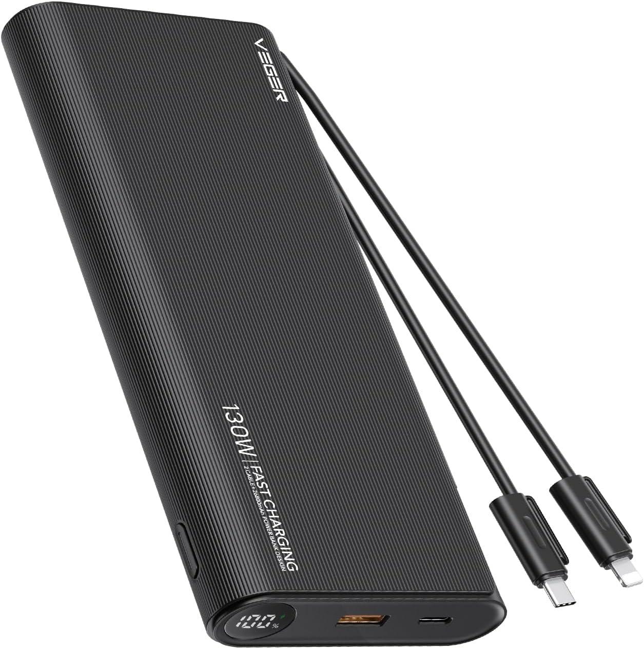 VEGER Power Bank 100 Вт із кабелем, Макс. 130 Вт 25000 мАг Ноутбук Power Bank Швидка зарядка USB C Зовнішня батарея