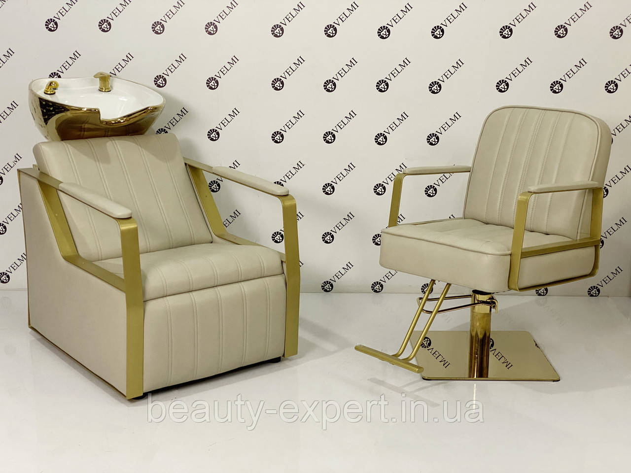 Перукарський комплект меблів Lux Bronx Gold крісло з золотою базою та крісло-мийка із золотою керамікою White