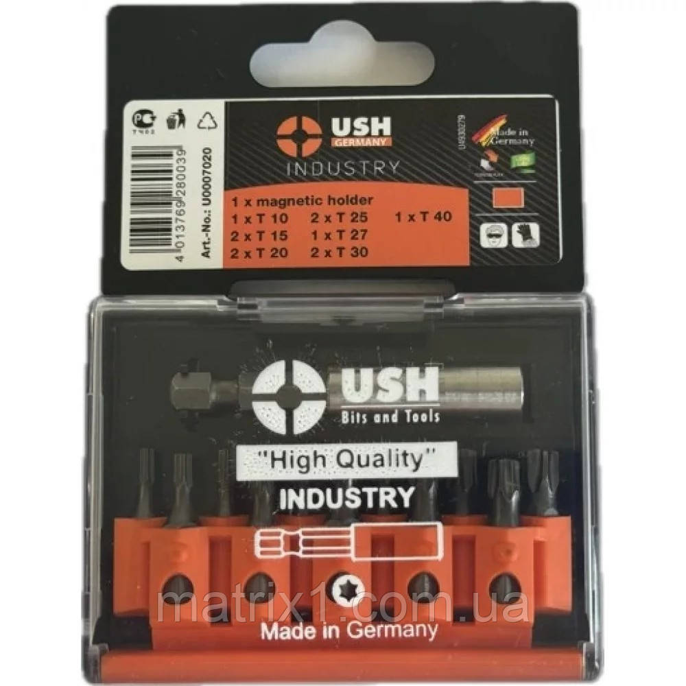 Набір біт із магнітним тримачем, T10-T40, 12 ялів. Industry USH (Німеччина)