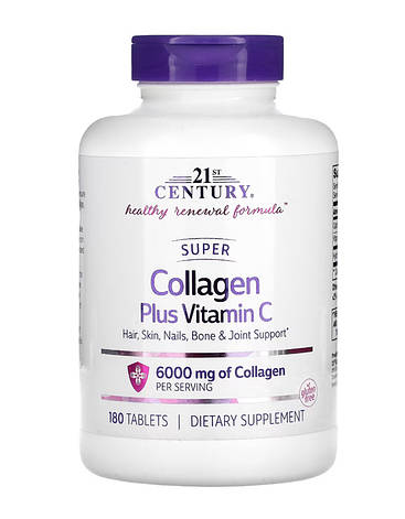 Суглоби Колаген та Вітамін С 6000 мг 21st Century Super Collagen 180 таб США, фото 1