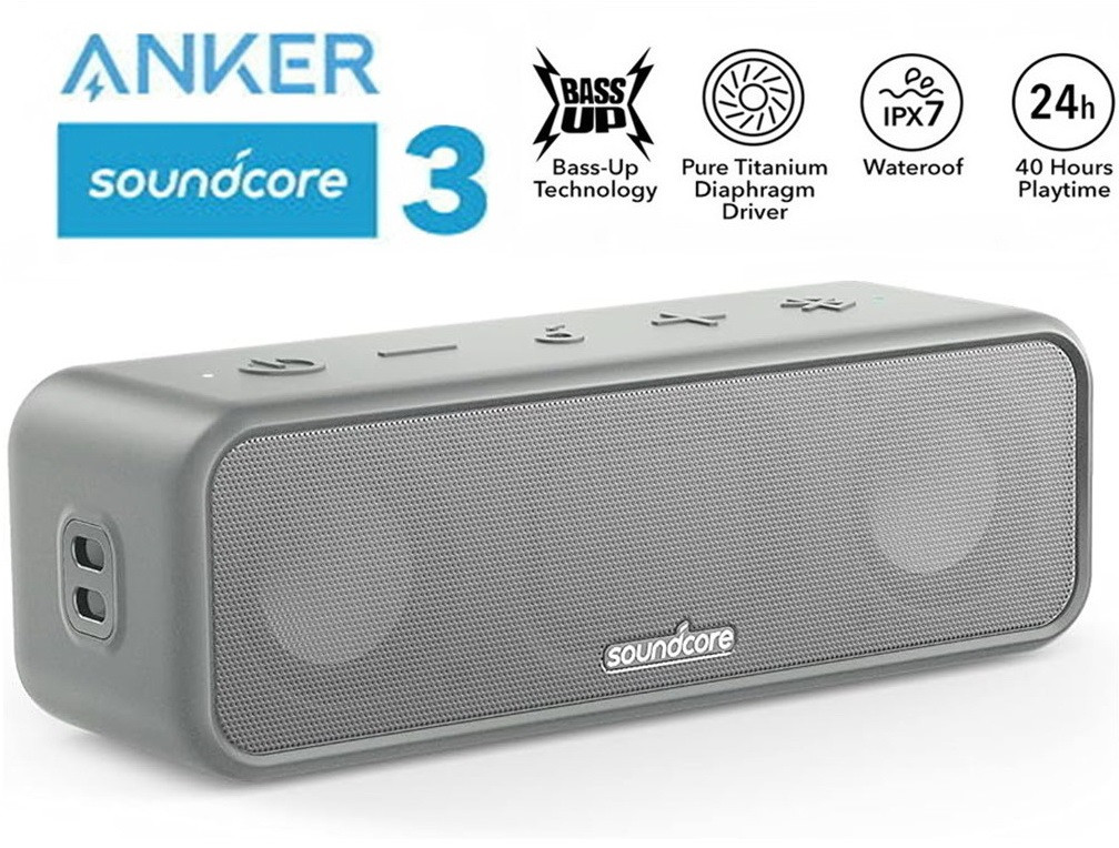 Портативна bluetooth колонка ANKER SoundCore 3 Gray (16W, 6700mAh, IPX7, USB-C, Bluetooth 5.0, 24 години, 20 метрів)