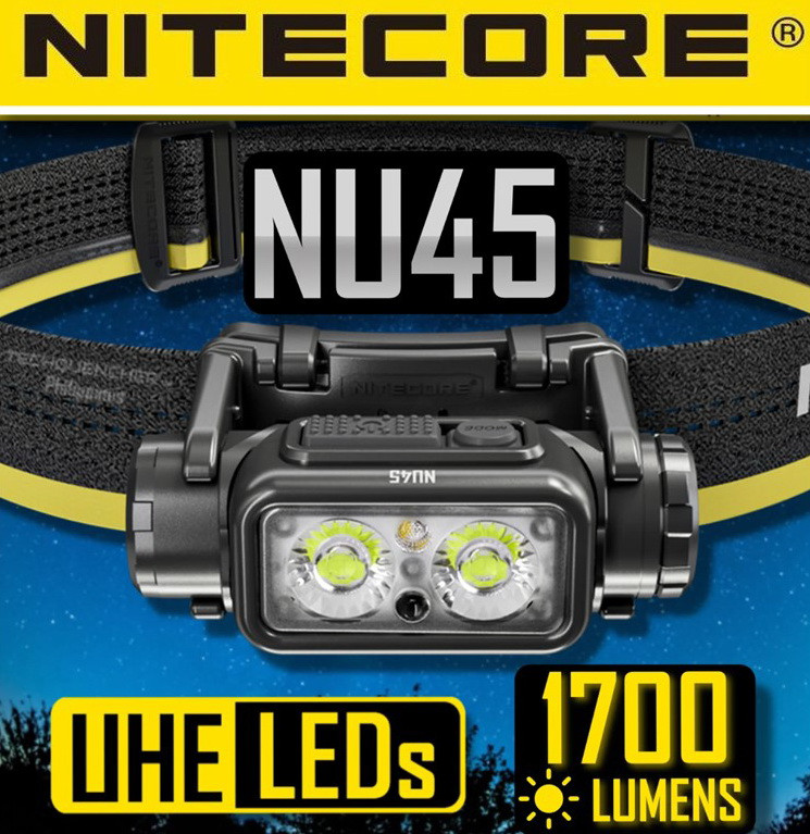 Налобний ліхтар NITECORE NU45 (1700LM, 4000mAh, USB-C, Білий + Червоний LED, Датчик наближення, Індикація)