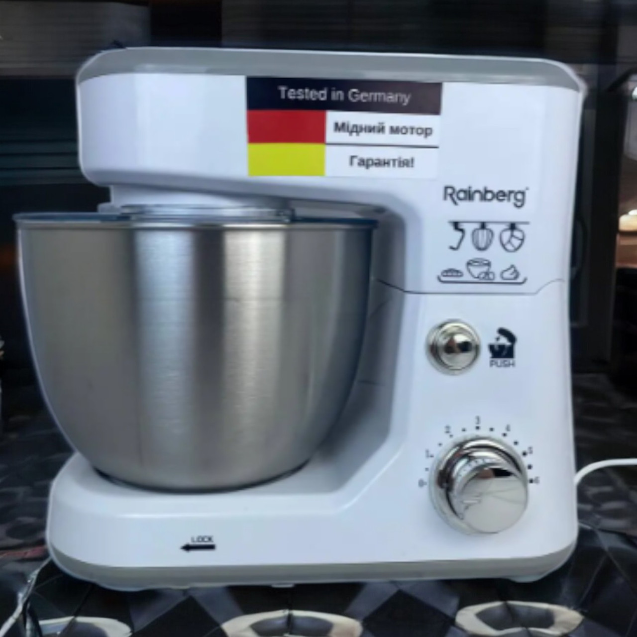 Кухонний комбайн із металевою чашею Rainberg 3200W Планетарний комбайн Міксер Тістоміс чаша 5л з насадками RB-8082