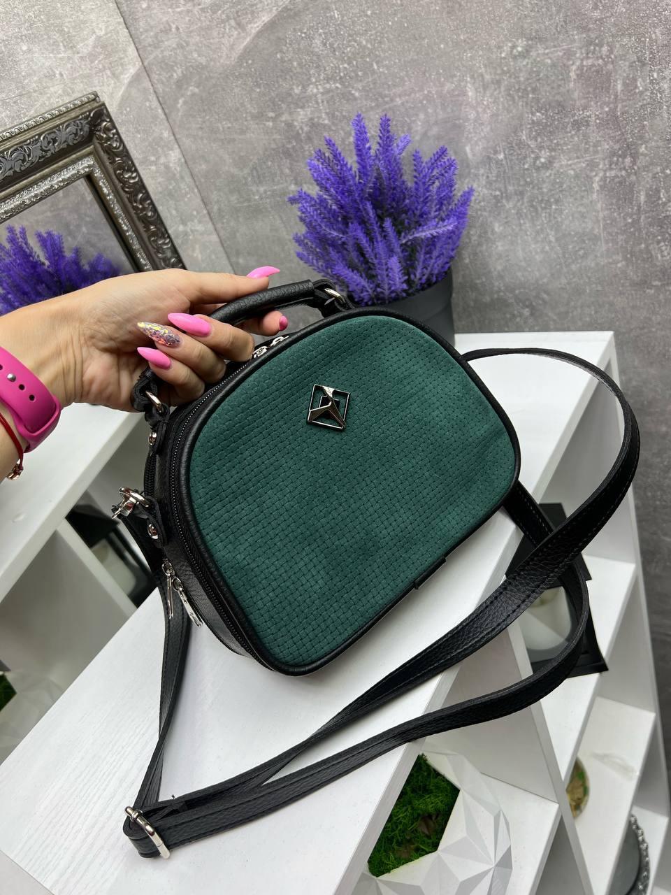 Жіноча сумка через плече маленька сумочка зелена натуральна замша+шкірзам, фото 1