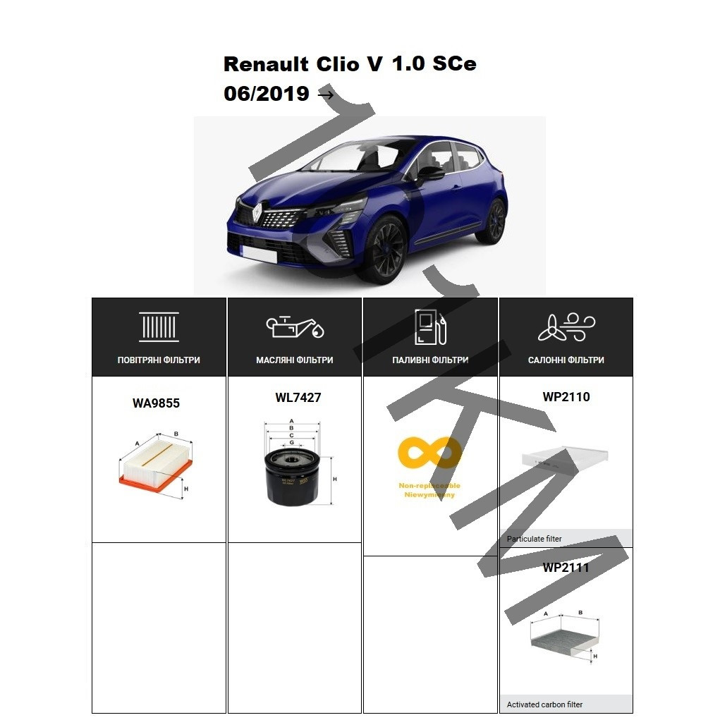 Комплект фільтрів Renault Clio V 1.0 SCe (2019-) WIX, фото 1