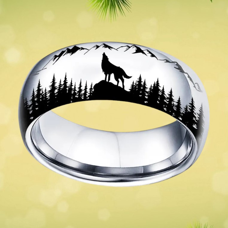 Чоловіча каблучка з нержавіючої сталі із зображенням вовка, що виє на місяць у лісі 20 LuxAurum270, фото 1