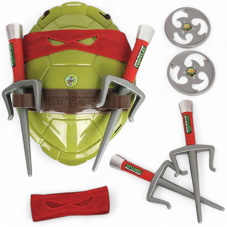 Інтерактивний бойовий набір Черепашки-ніндзя Рафаель RESTEQ — тризуб, панцир, пов'язка та сюрікени, фото 1