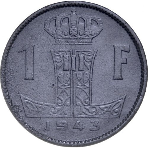 Бельгія Король Леопольд III 1 франк, 1942-1947 Напис - 'BELGIE - BELGIQUE' цинк №2748