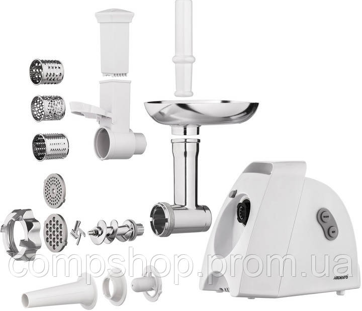 М'ясорубка Ardesto, 1900Вт, 1.8кг/хв, 3 решітки, насадка для ковбас, кеббе, 4 терки, пластик, білий (MGK-1900), фото 1