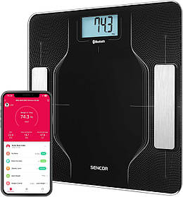 Sencor Ваги підлогові, 180кг, AAAx2, підкл. до смартфону, скло, чорний