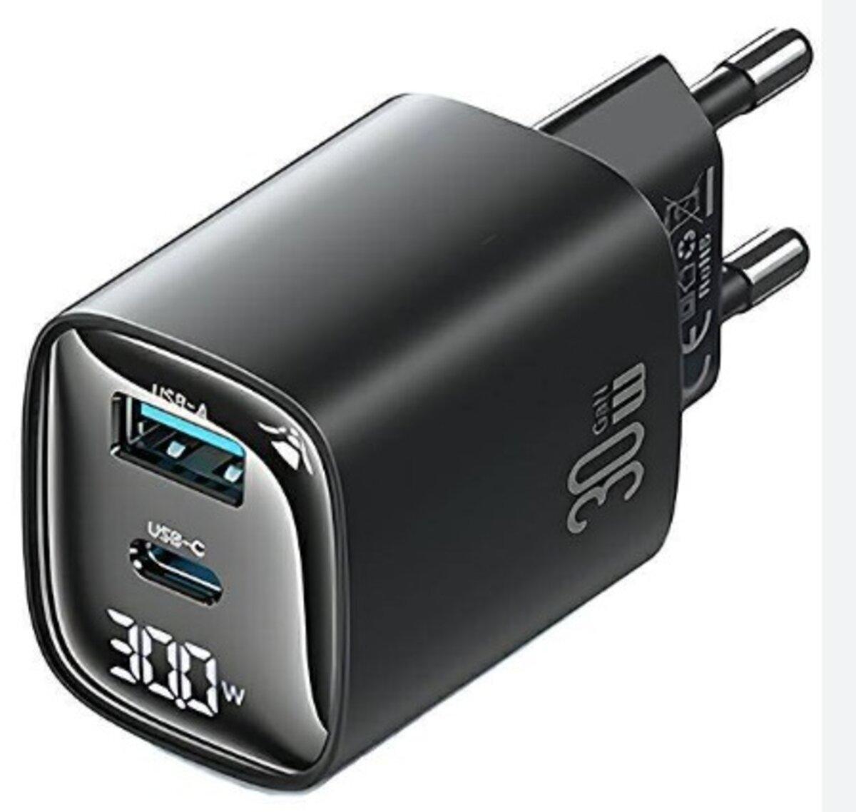 Зарядний пристрій Usams CC229 30W GaN 1USB A 1 Type-C Display Fast Charger black
