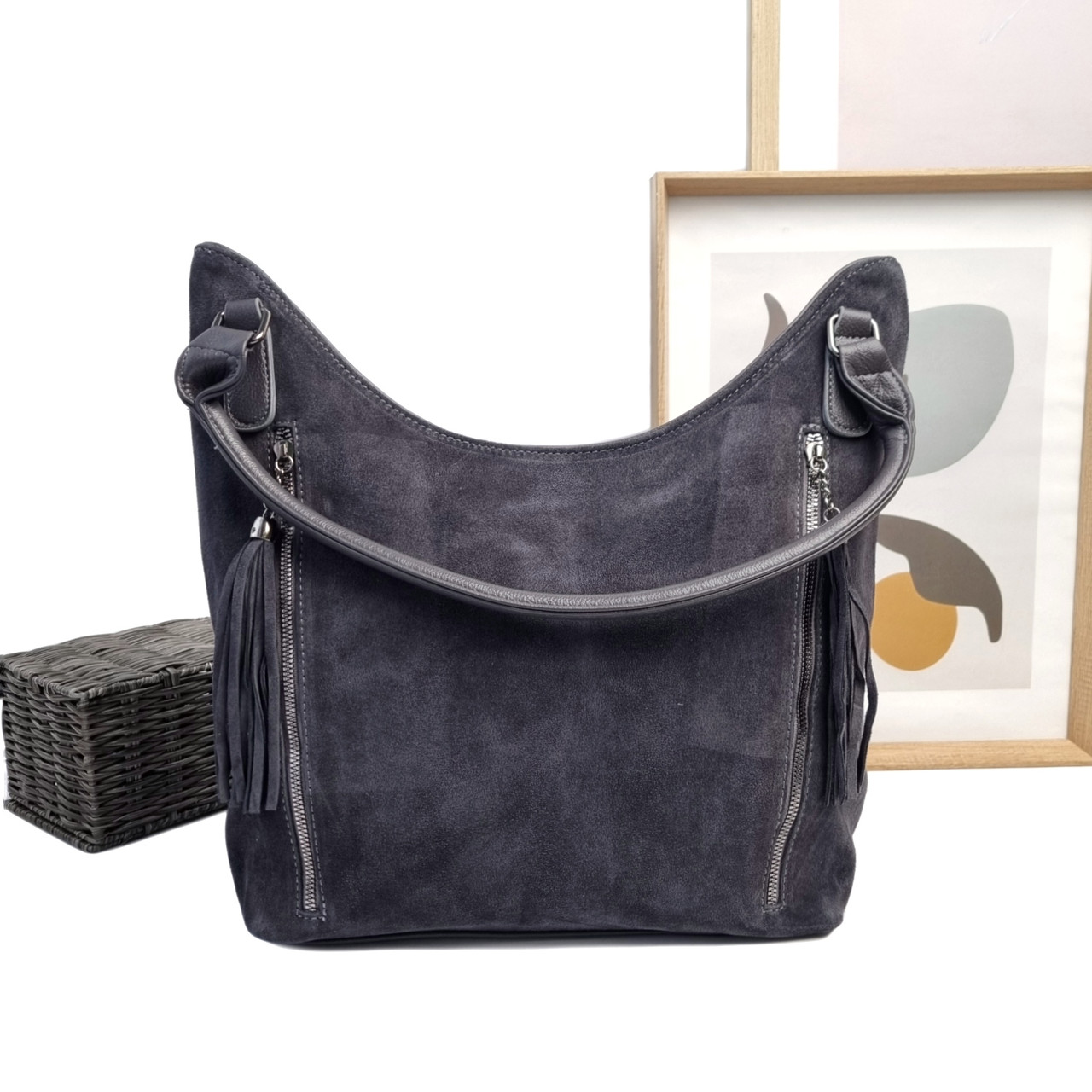 М'яка сумка-мішок натуральна замша сірий Арт.M8162-8 grey Karlos Marconi (59), фото 1