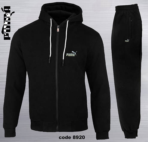 Теплий чоловічий спортивний костюм Puma чорний фліс велюр, зимовий утеплений спорт костюм Пума з капюшоном, фото 1