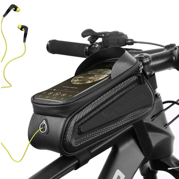 Велосумка на раму з тримачем для смартфона та отвором для навушників F003/221G Чорна, фото 1
