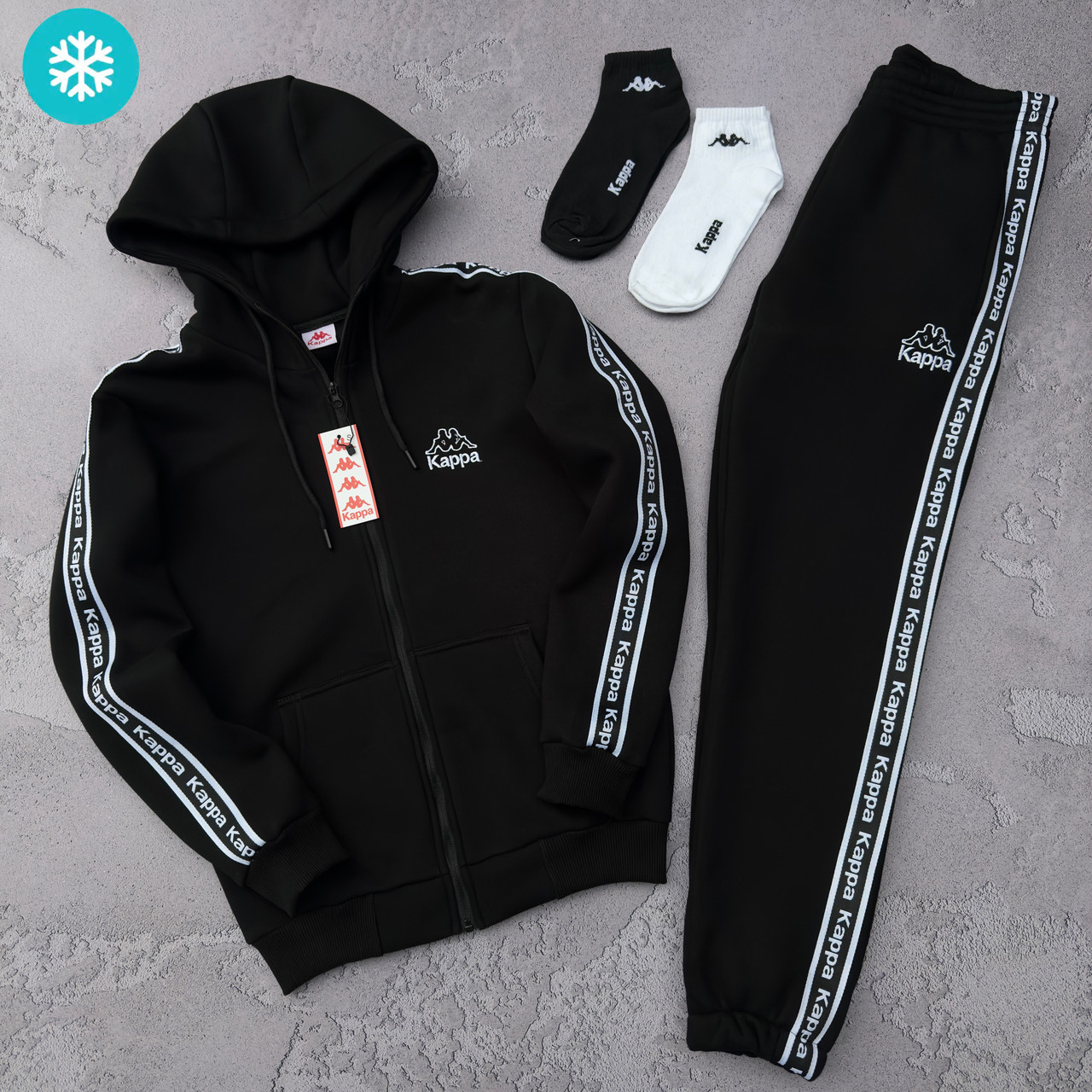 Спортивний костюм чоловічий зимовий Kappa з лампасом каппа на флісі осінь-зима теплий чорний. Живе фото, фото 1