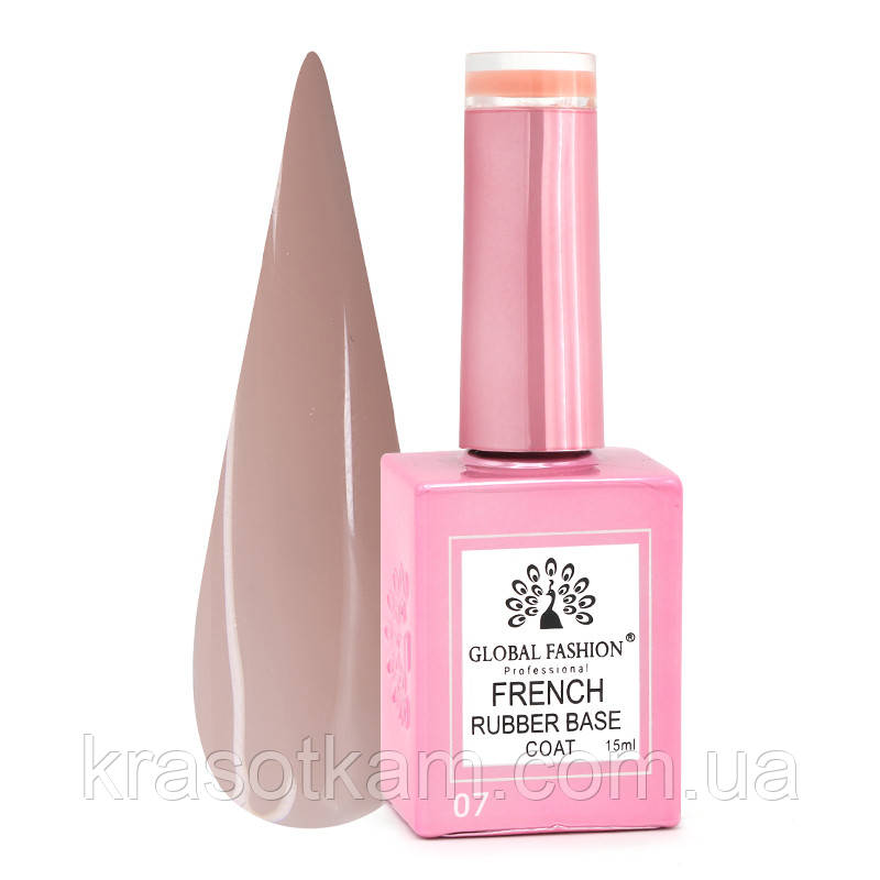 Каучукова база для гель-лаку френч, Rubber Base Coat French, 15 мл, Global Fashion 07