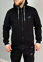 Теплый мужской спортивный костюм Nike черный флис велюр, зимний утепленный спорт костюм Найк с капюшоном fms