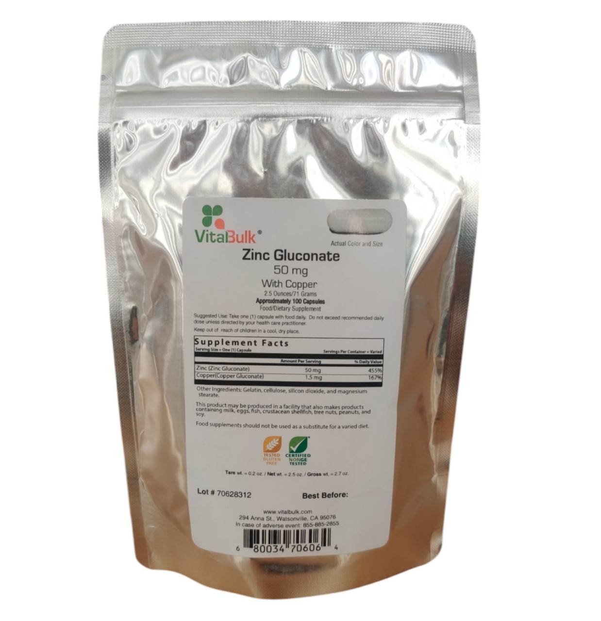 Цинк глюконат цинку 50 мг. з міддю, Zinc Gluconate 50 mg. With Copper, VitalBulk, 100капс