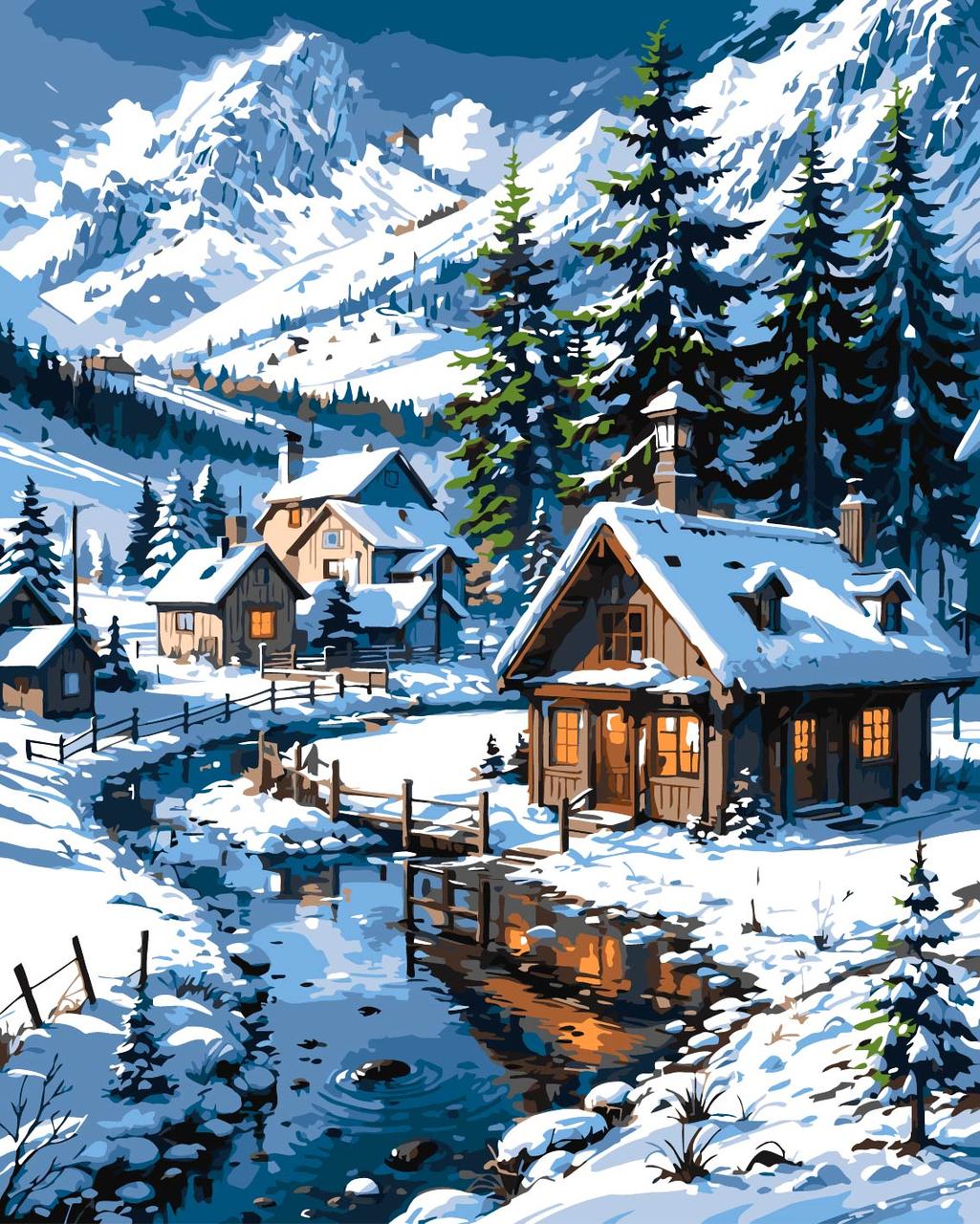 Картина за номерами 40×50 см Kontur. Зимовий пейзаж. Селище в горах. DS0642