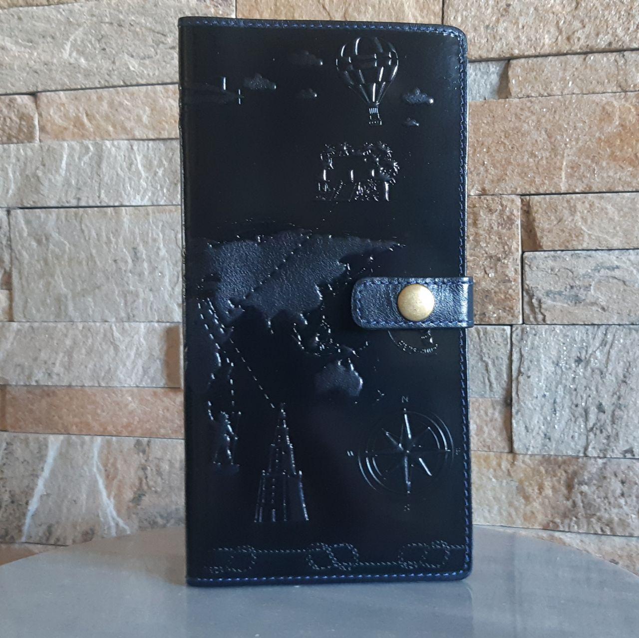 Тревел-кейс для документів "7 чудес світла" на кнопці з натуральної шкіри з художнім тисненням Чорний, фото 1