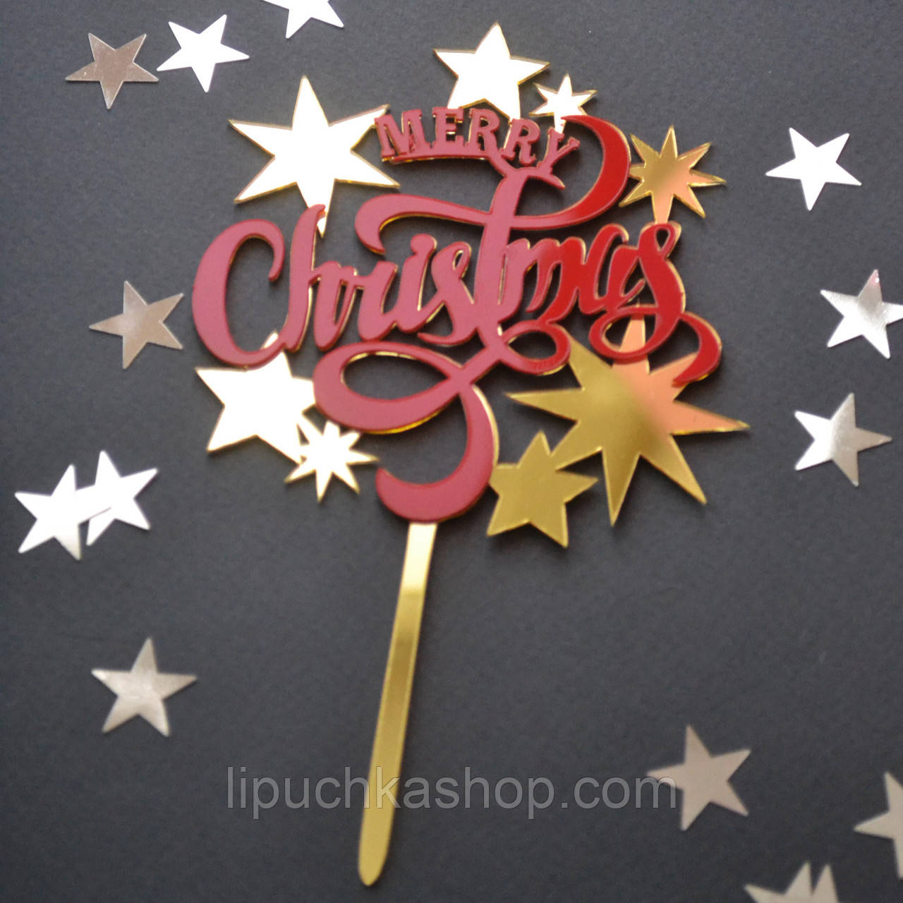 Топпер дзеркальний напис Merry Christmas червоно-золотий, 1 шт 34041