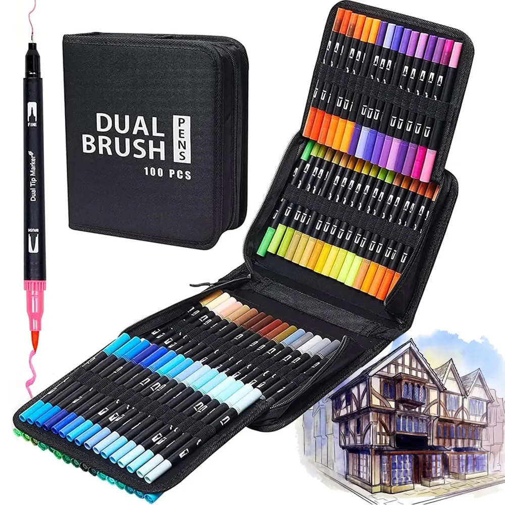 Набір акварельних двосторонніх скетч-маркерів для малювання Color brush 100 штук у сумці