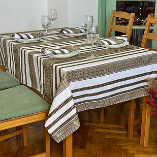 Скатертина лляна коричнева "Український орнамент" (Під замовлення, або стандартний розмір)