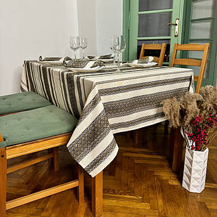 Скатертина лляна коричнева люкс якість "Український орнамент" (Під замовлення або стандартний розмір)