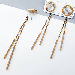 Сережки цвяшки "Конюшинка" з перламутровою вставкою та підвісками, нержавіюча сталь, stainless steel, 14К