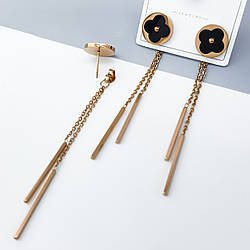 Сережки цвяшки "Конюшина" з чорною вставкою та підвісками, нержавіюча сталь, stainless steel, 14К