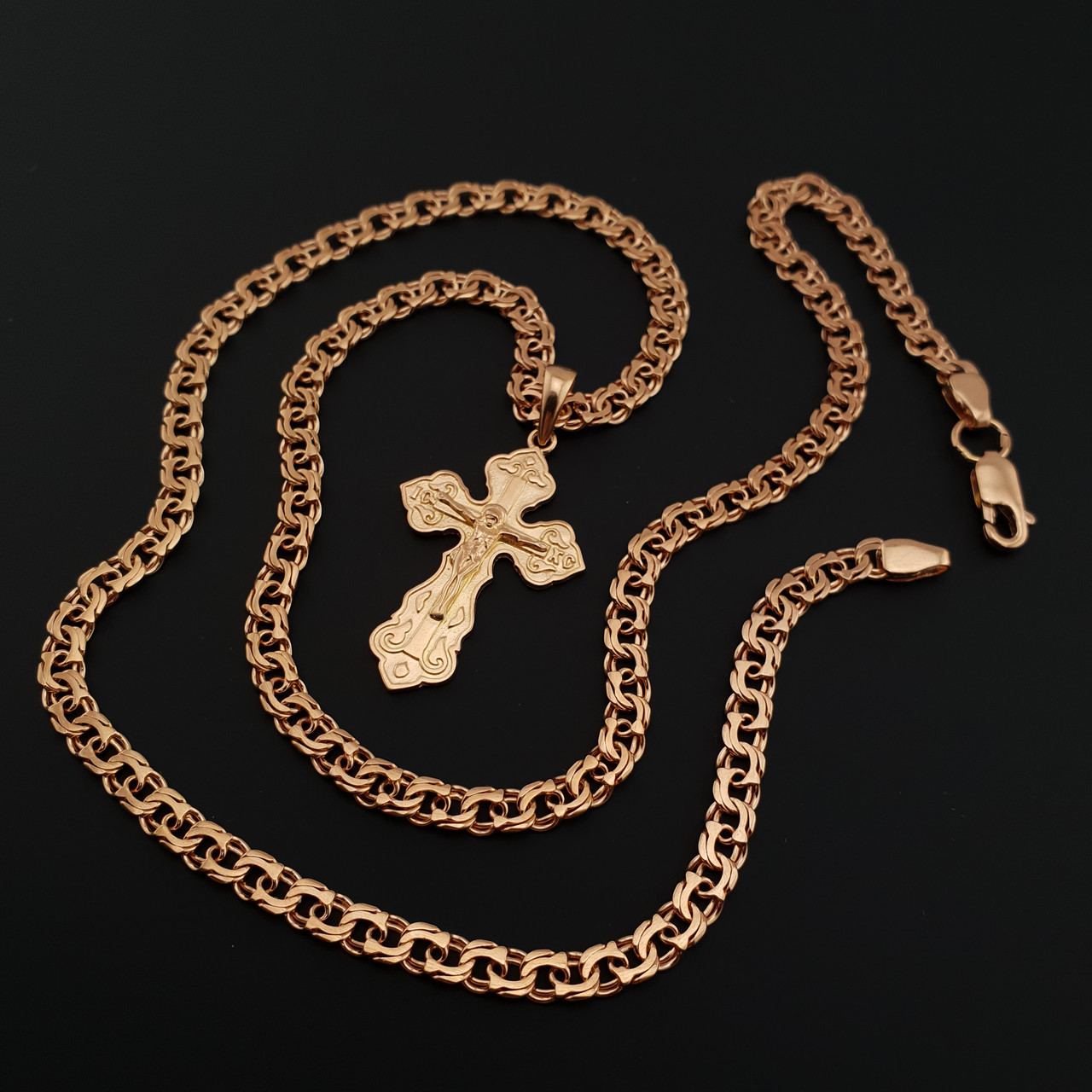 Позолочена срібна цепочка з хрестиком. Срібний хрестик з ланцюжком бісмарк позолота 585. 50 см, фото 1