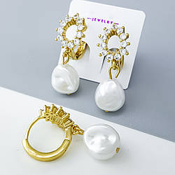 Сережки "Класика" з перлами та камінням, нержавіюча сталь, stainless steel, 12К