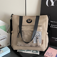 Сумка шкільна шопер з Ведмедиком бежева містка в корейському стилі Y2K Korni