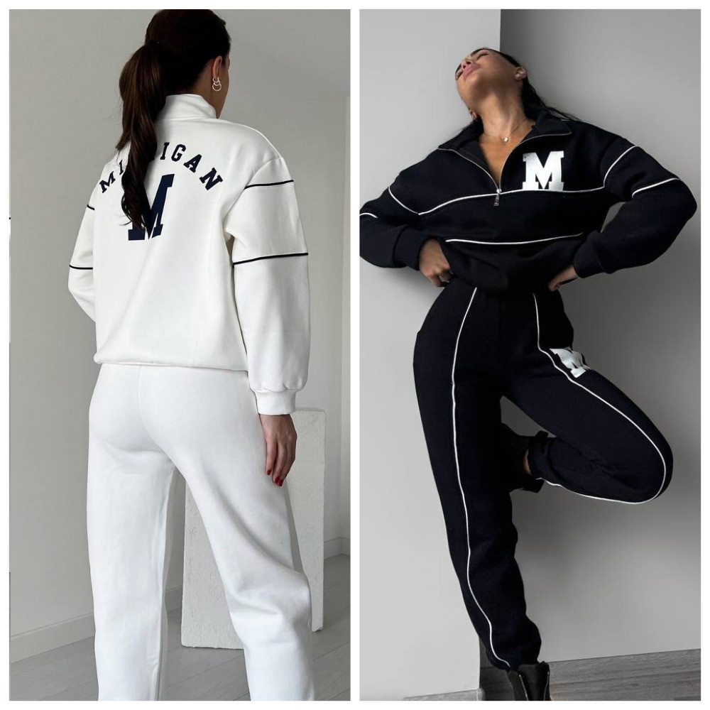 Жіночий теплий спортивний костюм "ЛЮКС ЯКОСТІ" на флісі: 42-44, 46-48. Кольори: чорний, білий. - фото 1 - id-p2430501580