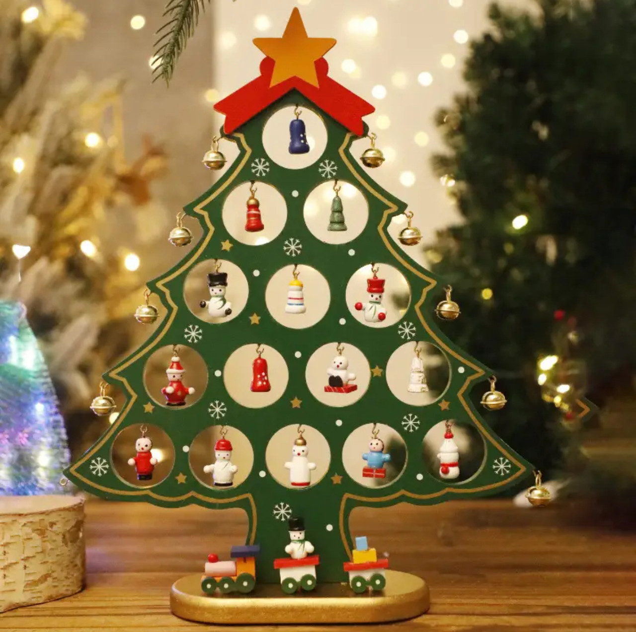 3D штучна дерев’яна ялинка з креативними мініатюрними прикрасами, 33 см