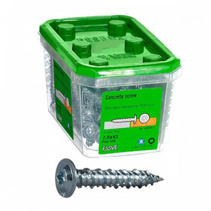 Шуруп ESSVE для бетону з пресшайбою, 7,5*42 пласт.гол. WAF ТХ30 (100 шт/уп), фото 1