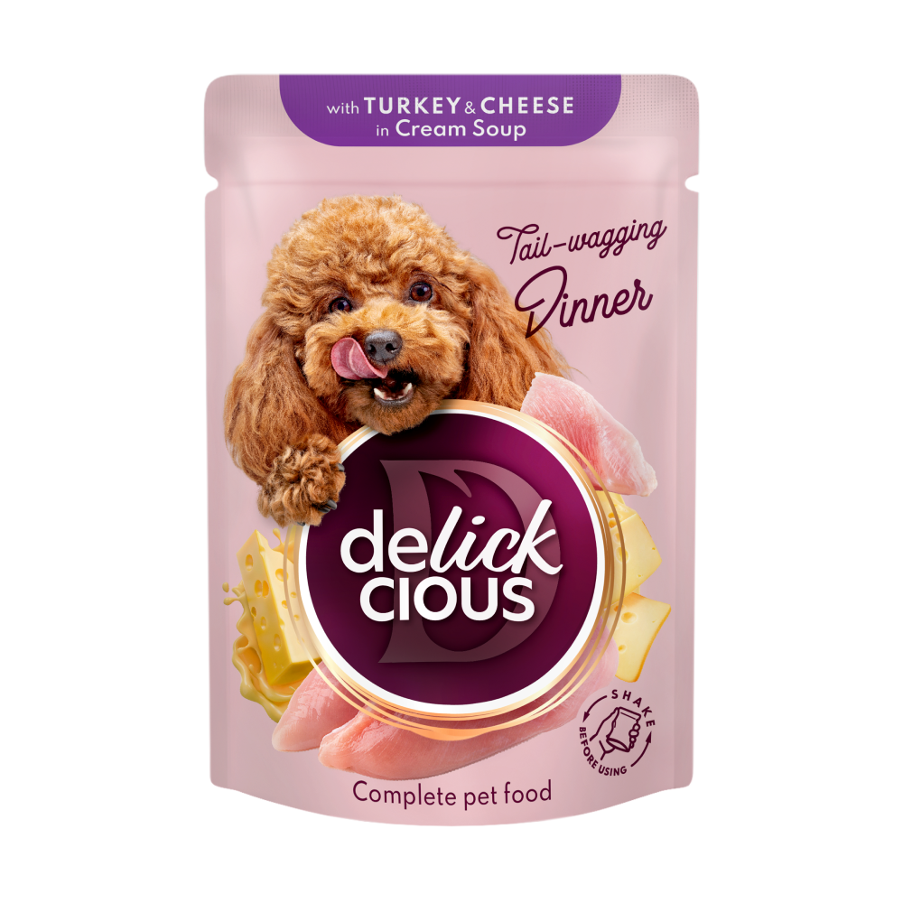 Акция! 12+12 Вологий корм для собак Delickcious Смужки з індичкою та сиром у крем-супі 85 г 12 шт