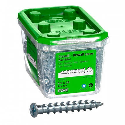 Саморізи ESSVE для зшивання гіпсокартону 5,2*38, оцинк. РН2 (400 шт/уп), фото 1