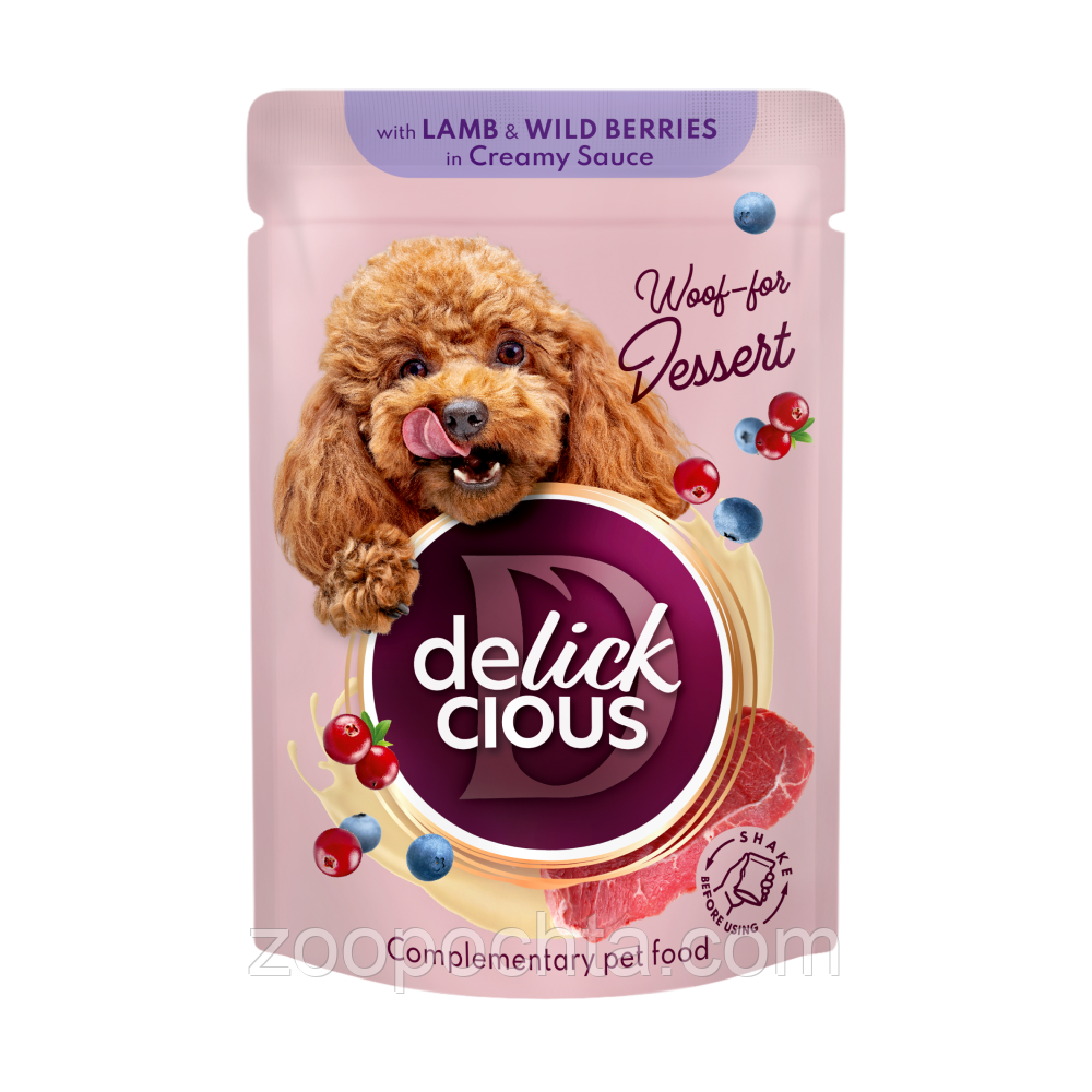 Вологий корм для собак Delickcious Пластівці з ягнятиною та лісовими ягодами у вершковому соусі 80 г 12 шт, фото 1