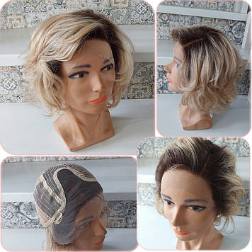 Перука каскад каре з натурального волосся з моновставкою ручної роботи блонд омбре LYUBA-3 HH- Y930