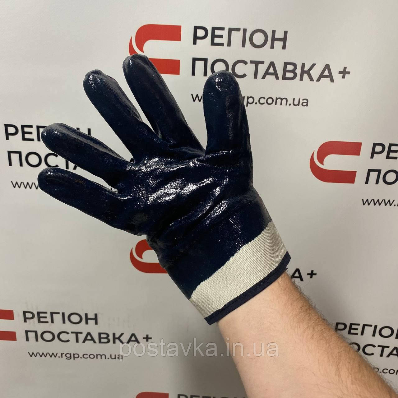 Рукавички трикотажні з нітриловим покриттям жорсткий манжет сині SEVEN р.10