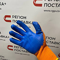 Рукавички утеплені синтетичні помаранчеві з синім латексним покриттям Ogrifox