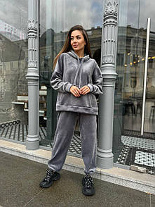 Жіночий спортивний графітовий костюм велюровий на хутрі з капюшоном