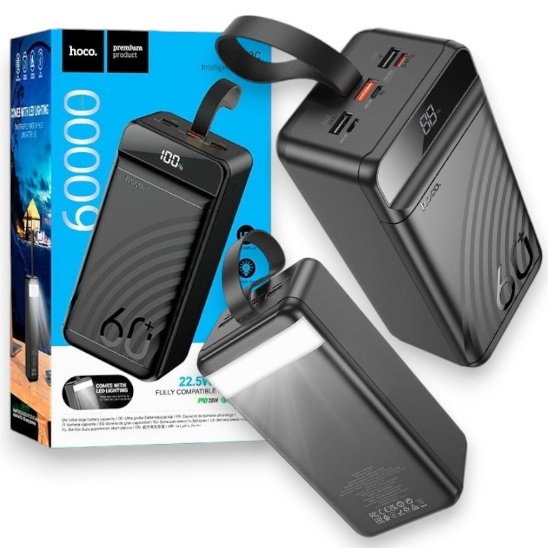 Повербанк Power Bank HOCO J123C 60000 mAh QC3.0+ PD 22.5W Зовнішній портативний акумулятор з ліхтариком, чорний