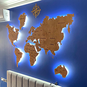 Дерев'яна карта Світу на стіну з LED підсвічуванням однорівнева в кольорі Тік