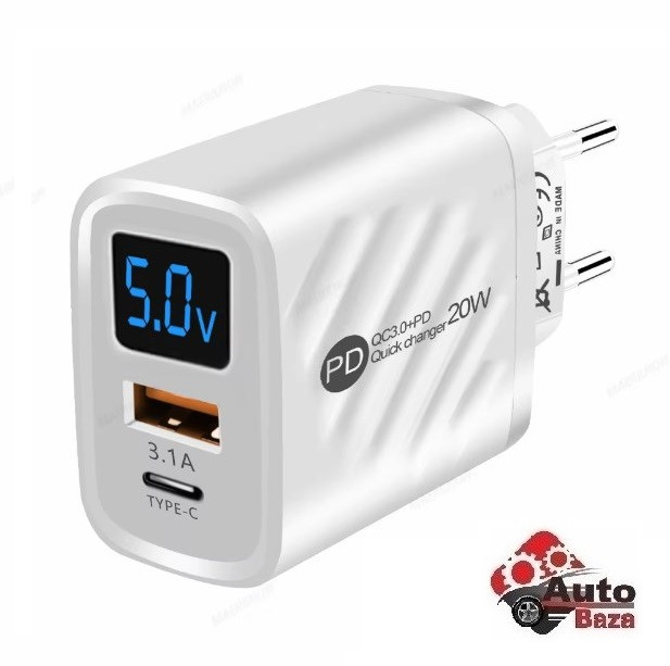 Мережевий зарядний пристрій з швидкою зарядкою 2 USB порта Quick Charge 5V 3.1A з вольтметром дисплеєм