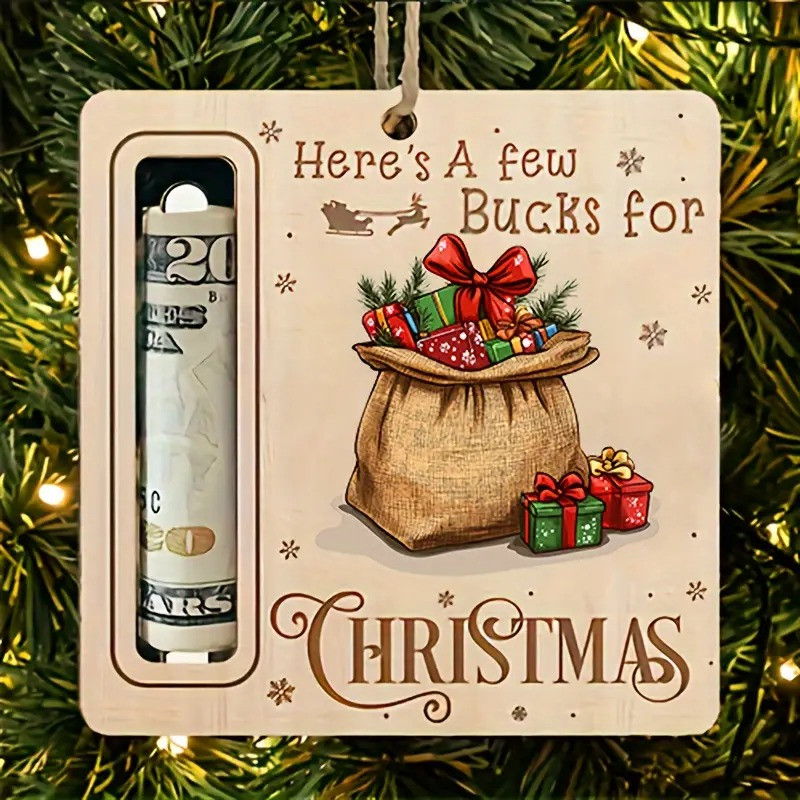Дерев'яна новорічна прикраса для ялинки з прорізом для купюр Декоративний тримач для грошей «Мішечок», фото 1