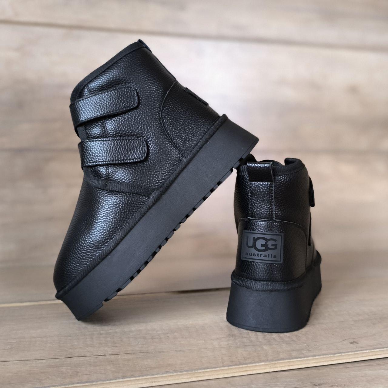 Угги UGG Кожаные ботиночки ЧЕРНЫЕ BLACK на липучках и высокой подошве утепленые женские зимние
