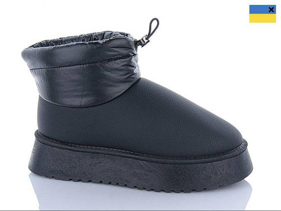 Уги BLACK Чорні екошкіра короткі з дутим манжетом на високій підошві черевики теплі, фото 1