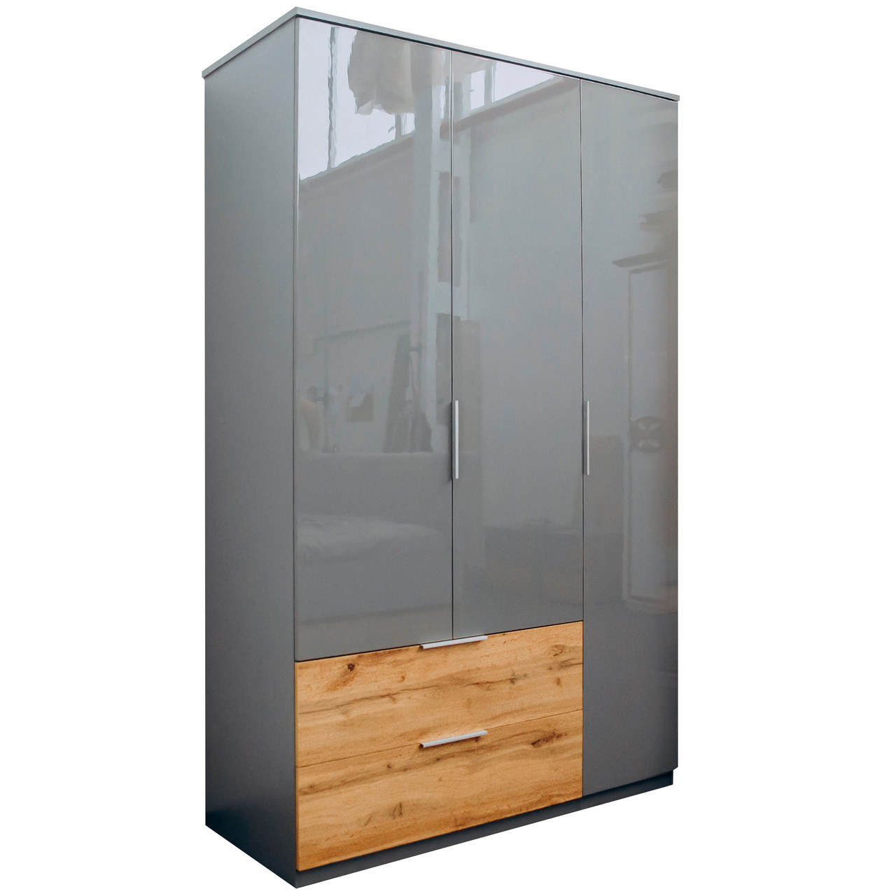 Сучасна розпашна тридверна шафа сіра глянцева 140 см з шухлядами для одягу в спальню Лінц Миро-Марк